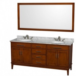 72 inch Double Bathroom Vanity in Light Chestnut, White Carrera Marble Countertop, Undermount Oval Sinks, and 70 inch Mirror