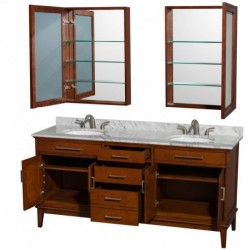 72 inch Double Bathroom Vanity in Light Chestnut, White Carrera Marble Countertop, Undermount Oval Sinks, and Medicine Cabinets