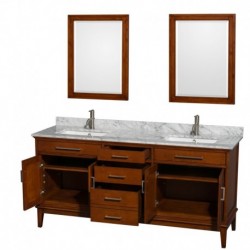 72 inch Double Bathroom Vanity in Light Chestnut, White Carrera Marble Countertop, Undermount Square Sinks, and 24 inch Mirrors