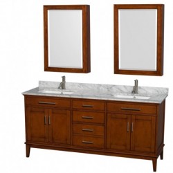 72 inch Double Bathroom Vanity in Light Chestnut, White Carrera Marble Countertop, Undermount Square Sinks, and Medicine Cabine