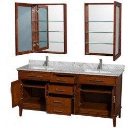 72 inch Double Bathroom Vanity in Light Chestnut, White Carrera Marble Countertop, Undermount Square Sinks, and Medicine Cabine