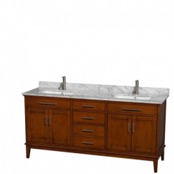 72 inch Double Bathroom Vanity in Light Chestnut, White Carrera Marble Countertop, Undermount Square Sinks, and No Mirror