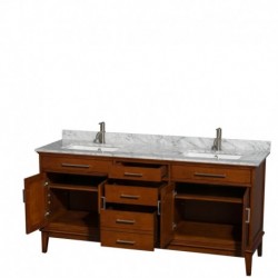 72 inch Double Bathroom Vanity in Light Chestnut, White Carrera Marble Countertop, Undermount Square Sinks, and No Mirror