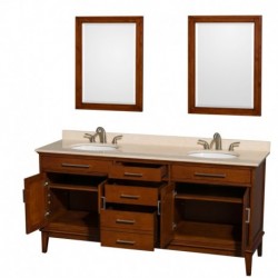 72 inch Double Bathroom Vanity in Light Chestnut, Ivory Marble Countertop, Undermount Oval Sinks, and 24 inch Mirrors