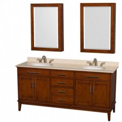 72 inch Double Bathroom Vanity in Light Chestnut, Ivory Marble Countertop, Undermount Oval Sinks, and Medicine Cabinets