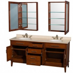 72 inch Double Bathroom Vanity in Light Chestnut, Ivory Marble Countertop, Undermount Oval Sinks, and Medicine Cabinets