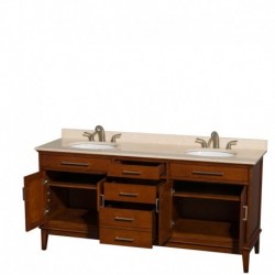 72 inch Double Bathroom Vanity in Light Chestnut, Ivory Marble Countertop, Undermount Oval Sinks, and No Mirror