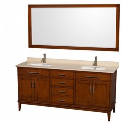 72 inch Double Bathroom Vanity in Light Chestnut, Ivory Marble Countertop, Undermount Square Sinks, and 70 inch Mirror