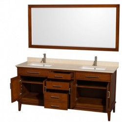 72 inch Double Bathroom Vanity in Light Chestnut, Ivory Marble Countertop, Undermount Square Sinks, and 70 inch Mirror