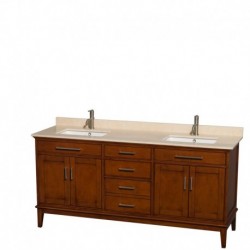 72 inch Double Bathroom Vanity in Light Chestnut, Ivory Marble Countertop, Undermount Square Sinks, and No Mirror