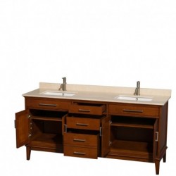 72 inch Double Bathroom Vanity in Light Chestnut, Ivory Marble Countertop, Undermount Square Sinks, and No Mirror
