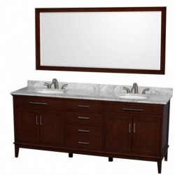 80 inch Double Bathroom Vanity in Dark Chestnut, White Carrera Marble Countertop, Undermount Oval Sinks, and 70 inch Mirror