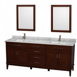80 inch Double Bathroom Vanity in Dark Chestnut, White Carrera Marble Countertop, Undermount Square Sinks, and 24 inch Mirrors