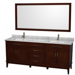80 inch Double Bathroom Vanity in Dark Chestnut, White Carrera Marble Countertop, Undermount Square Sinks, and 70 inch Mirror