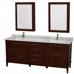 80 inch Double Bathroom Vanity in Dark Chestnut, White Carrera Marble Countertop, Undermount Square Sinks, and Medicine Cabinet