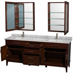 80 inch Double Bathroom Vanity in Dark Chestnut, White Carrera Marble Countertop, Undermount Square Sinks, and Medicine Cabinet