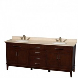 80 inch Double Bathroom Vanity in Dark Chestnut, Ivory Marble Countertop, Undermount Oval Sinks, and No Mirror