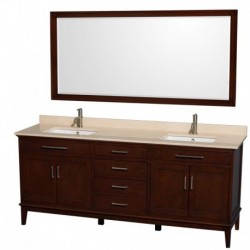 80 inch Double Bathroom Vanity in Dark Chestnut, Ivory Marble Countertop, Undermount Square Sinks, and 70 inch Mirror