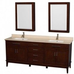80 inch Double Bathroom Vanity in Dark Chestnut, Ivory Marble Countertop, Undermount Square Sinks, and Medicine Cabinets