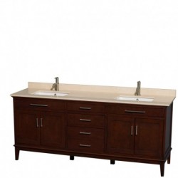 80 inch Double Bathroom Vanity in Dark Chestnut, Ivory Marble Countertop, Undermount Square Sinks, and No Mirror