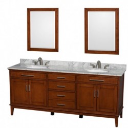 80 inch Double Bathroom Vanity in Light Chestnut, White Carrera Marble Countertop, Undermount Oval Sinks, and 24 inch Mirrors