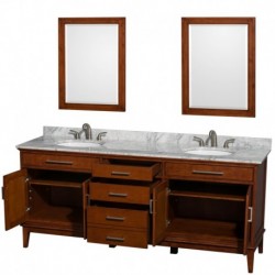 80 inch Double Bathroom Vanity in Light Chestnut, White Carrera Marble Countertop, Undermount Oval Sinks, and 24 inch Mirrors