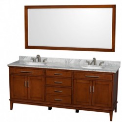 80 inch Double Bathroom Vanity in Light Chestnut, White Carrera Marble Countertop, Undermount Oval Sinks, and 70 inch Mirror