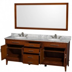 80 inch Double Bathroom Vanity in Light Chestnut, White Carrera Marble Countertop, Undermount Oval Sinks, and 70 inch Mirror