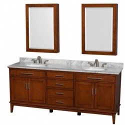 80 inch Double Bathroom Vanity in Light Chestnut, White Carrera Marble Countertop, Undermount Oval Sinks, and Medicine Cabinets