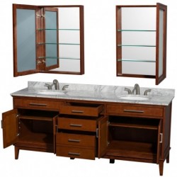 80 inch Double Bathroom Vanity in Light Chestnut, White Carrera Marble Countertop, Undermount Oval Sinks, and Medicine Cabinets