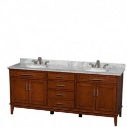 80 inch Double Bathroom Vanity in Light Chestnut, White Carrera Marble Countertop, Undermount Oval Sinks, and No Mirror