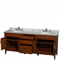 80 inch Double Bathroom Vanity in Light Chestnut, White Carrera Marble Countertop, Undermount Oval Sinks, and No Mirror