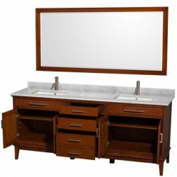 80 inch Double Bathroom Vanity in Light Chestnut, White Carrera Marble Countertop, Undermount Square Sinks, and 70 inch Mirror