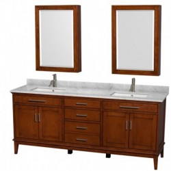 80 inch Double Bathroom Vanity in Light Chestnut, White Carrera Marble Countertop, Undermount Square Sinks, and Medicine Cabine