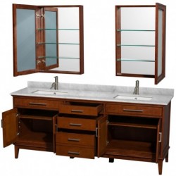 80 inch Double Bathroom Vanity in Light Chestnut, White Carrera Marble Countertop, Undermount Square Sinks, and Medicine Cabine