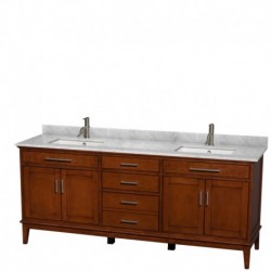 80 inch Double Bathroom Vanity in Light Chestnut, White Carrera Marble Countertop, Undermount Square Sinks, and No Mirror