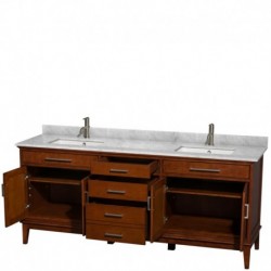 80 inch Double Bathroom Vanity in Light Chestnut, White Carrera Marble Countertop, Undermount Square Sinks, and No Mirror