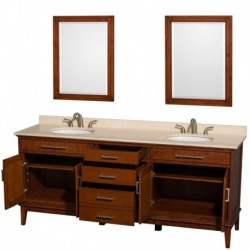 80 inch Double Bathroom Vanity in Light Chestnut, Ivory Marble Countertop, Undermount Oval Sinks, and 24 inch Mirrors