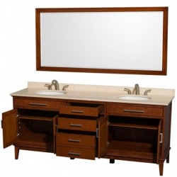 80 inch Double Bathroom Vanity in Light Chestnut, Ivory Marble Countertop, Undermount Oval Sinks, and 70 inch Mirror