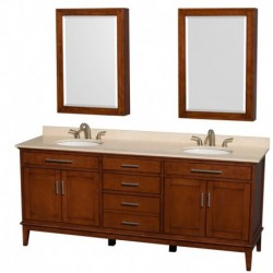 80 inch Double Bathroom Vanity in Light Chestnut, Ivory Marble Countertop, Undermount Oval Sinks, and Medicine Cabinets