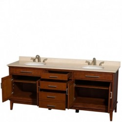 80 inch Double Bathroom Vanity in Light Chestnut, Ivory Marble Countertop, Undermount Oval Sinks, and No Mirror