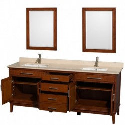 80 inch Double Bathroom Vanity in Light Chestnut, Ivory Marble Countertop, Undermount Square Sinks, and 24 inch Mirrors