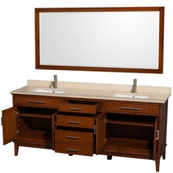 80 inch Double Bathroom Vanity in Light Chestnut, Ivory Marble Countertop, Undermount Square Sinks, and 70 inch Mirror