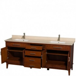 80 inch Double Bathroom Vanity in Light Chestnut, Ivory Marble Countertop, Undermount Square Sinks, and No Mirror