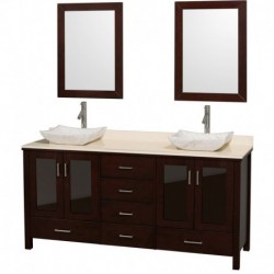 72 inch Double Bathroom Vanity in Espresso, Ivory Marble Countertop, Carrera Marble Sinks, and 24 inch Mirrors
