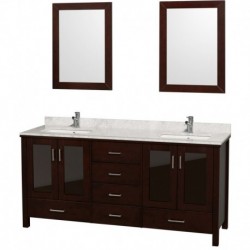 72 inch Double Bathroom Vanity in Espresso, White Carrera Marble Countertop, White Undermount Sinks, and 24 inch Mirrors