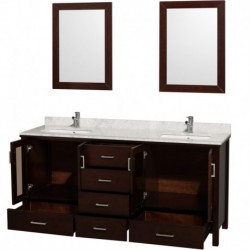 72 inch Double Bathroom Vanity in Espresso, White Carrera Marble Countertop, White Undermount Sinks, and 24 inch Mirrors