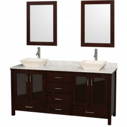 72 inch Double Bathroom Vanity in Espresso, White Carrera Marble Countertop, Pyra Bone Porcelain Sinks, and 24 inch Mirrors