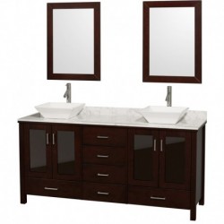72 inch Double Bathroom Vanity in Espresso, White Carrera Marble Countertop, Pyra White Porcelain Sinks, and 24 inch Mirrors