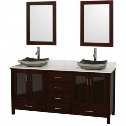 72 inch Double Bathroom Vanity in Espresso, White Carrera Marble Countertop, Altair Black Granite Sink, and 24 inch Mirrors